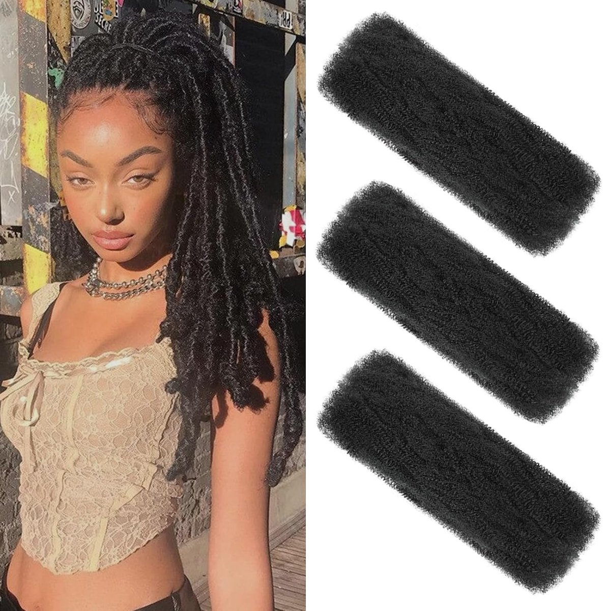 Kinky Curly Vlechten Bulk Hair Soft Locs Micro Spring Twist voor dreadlocks Loc Repair (1B#, 45 cm) (verpakking van 3 stuks)