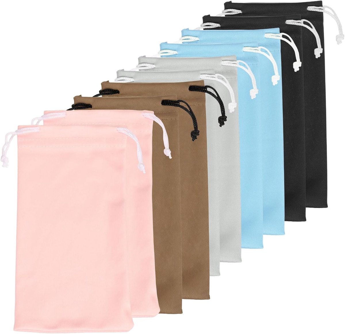 10 stuks brillenkokers, zacht, draagbaar, zwart, blauw, roze, bruin, grijs, microvezel-gebreid materiaal, hoogwaardige brillenkoker met trekkoord voor andere brillen