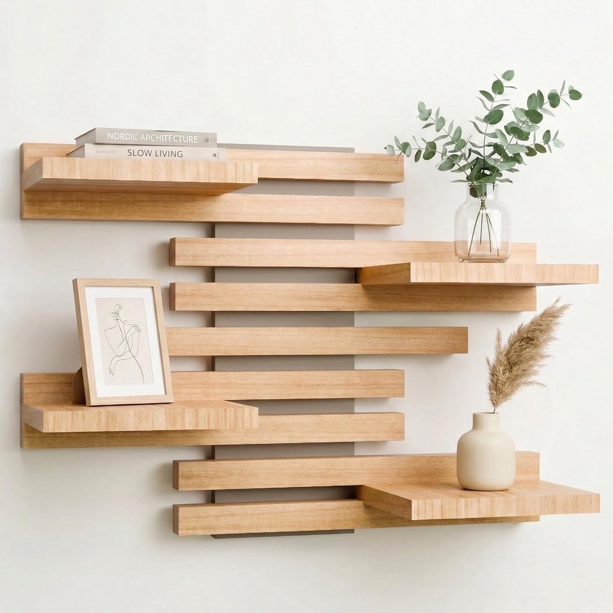 Wandplank van Massief Hout - Modulair Zwevend Wandrek in Latten Design - Decoratieve Plank voor Woonkamer, Keuken, Badkamer, Slaapkamer - Boekenrek, Kruidenrek, Plantenhouder (Sage Green)
