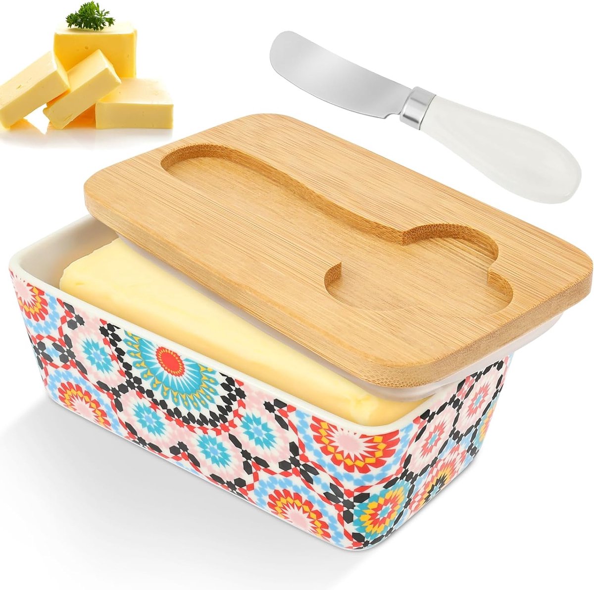 Botervloot keramiek, boterbel met houten deksel en botermes, botervloot porselein, Boheemse boterschaal, geschikt voor huishouden en keuken, vaatwasmachinebestendig