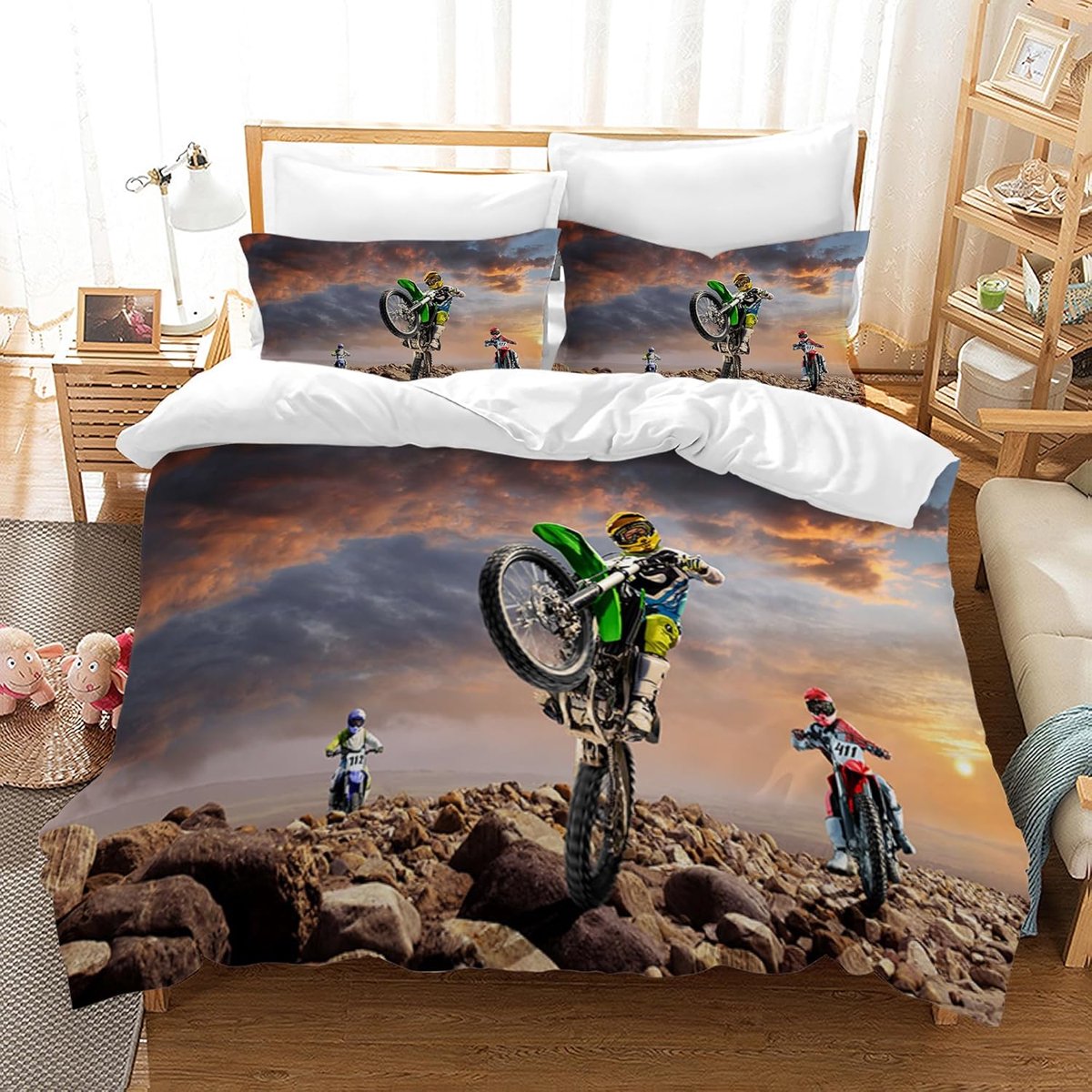 Motorfiets-beddengoedset, voor tieners, coole motorrijder, beddenset voor kinderen, jongens, motorcross thema, dekbedovertrek, set, microvezel, 3-delig, met kussensloop (220 x 240 cm,