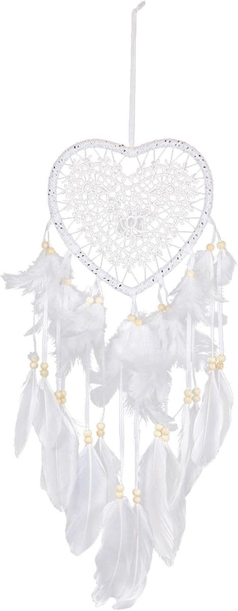 1 x witte dromenvanger, holle hartvormige hanger, veerhanger, woondecoratie, Boheemse stijl hanger