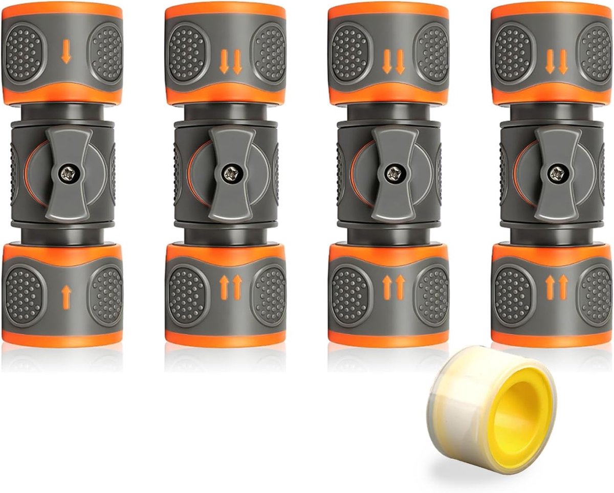 4 stuks koppelingen met regelventiel, slangkoppeling 3/4 inch (20 mm) met afsluitventiel, tuinslangconnector van ABS met TPR-handgreep, slangaansluiting voor irrigatie, tuinreiniging en autowas