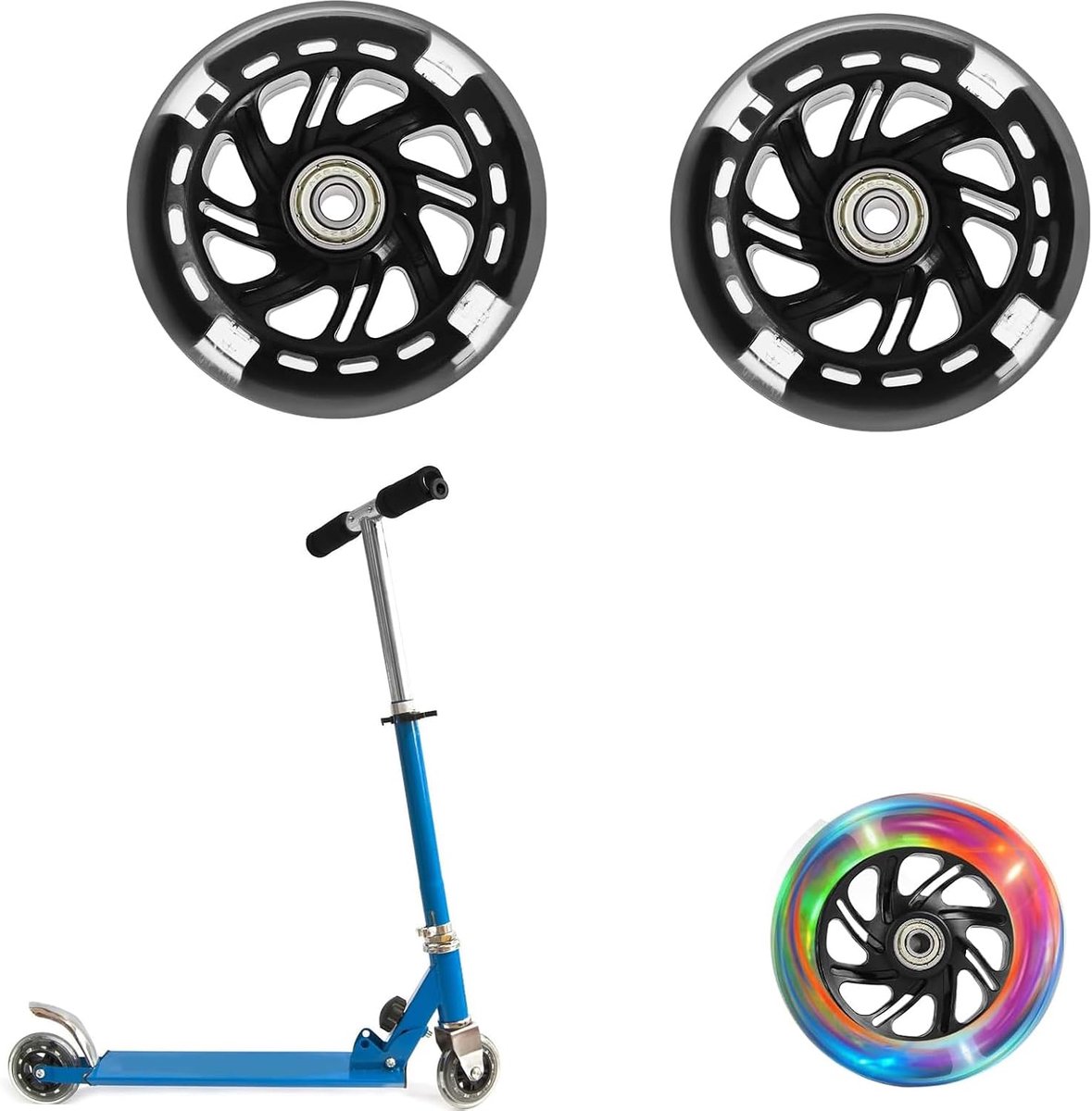 2 stuks, led-scooterwielen, lichtgevende scooterwielen, 100 mm diameter, zwart, ABEC-9 kogellagers, geschikt voor allerlei scooten
