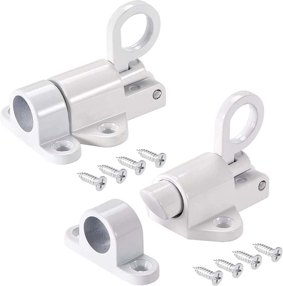 2 stuks automatische deurvergrendeling, veervergrendeling, automatische deurgrendel, bounce deurvergrendeling, veerbounce deurslot, met schroeven, geschikt voor ramen, houten deuren, kastdeuren (wit)
