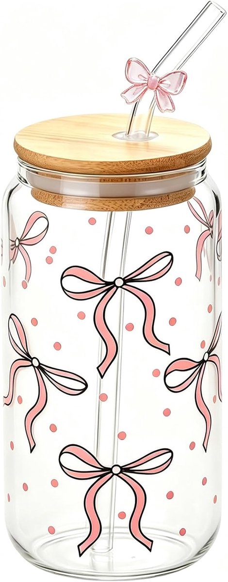 Drinkglas met deksel en rietje, 450 ml, blikjesdesign, madeliefjes of strikken, veelzijdig inzetbaar, voor ijskoffie, smoothies, matcha, bubble tea en cocktails (bowk)