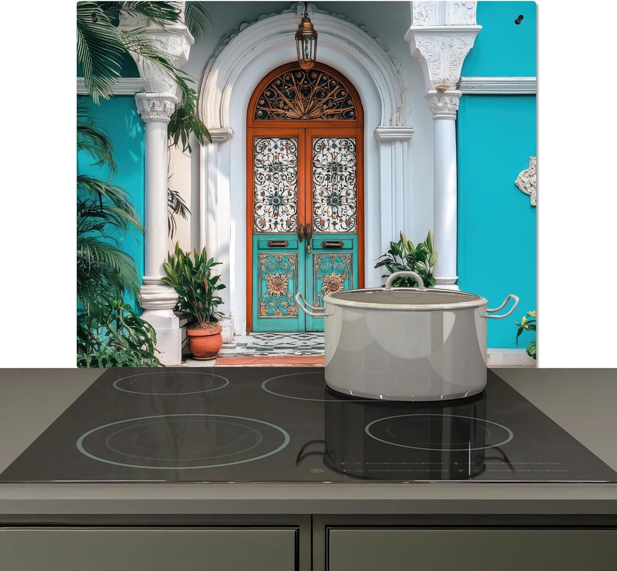 Spatscherm Keuken 52x65 cm Kookplaat Achterwand Beschermer Muur Spatwand Fornuis Aluminium Hittebestendig - Zuilen - Sierlijke - Deur - Blauw