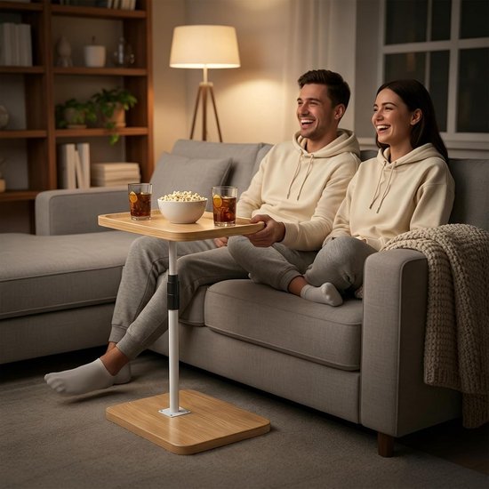 Bijzettafel met wieltjes, in hoogte verstelbaar, 60-90 cm, C-vorm, bijzettafel, hout, 360 graden, mobiele bank, bijzettafel voor woonkamer, bank, bed (natuurlijke houtkleur) — afbeelding 2