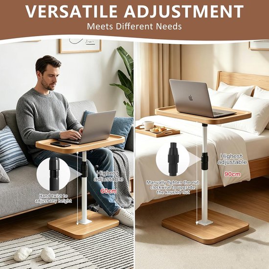 Bijzettafel met wieltjes, in hoogte verstelbaar, 60-90 cm, C-vorm, bijzettafel, hout, 360 graden, mobiele bank, bijzettafel voor woonkamer, bank, bed (natuurlijke houtkleur) — afbeelding 4