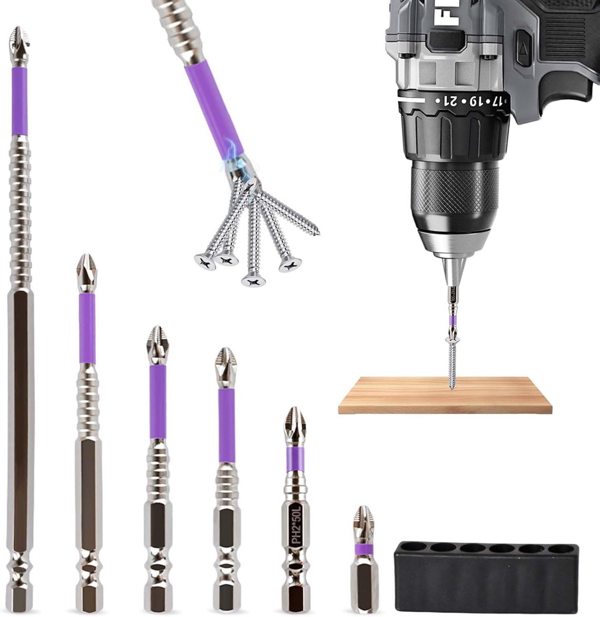 Schroevendraaierbitset, 6 stuks, hoge hardheid, magneetbitset voor schroevendraaier met bithouder, accessoires voor boor- en schroefgereedschap, voor hout, metaal, 25-150 mm
