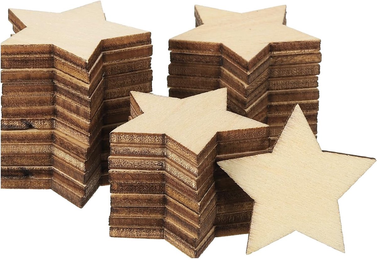 30 mm houten sterren, set van 200 onafgewerkte houten sterren, blanco houten uitsparingen, ornamenten, natuurlijke houten stukken voor kerstfeesten, knutselprojecten