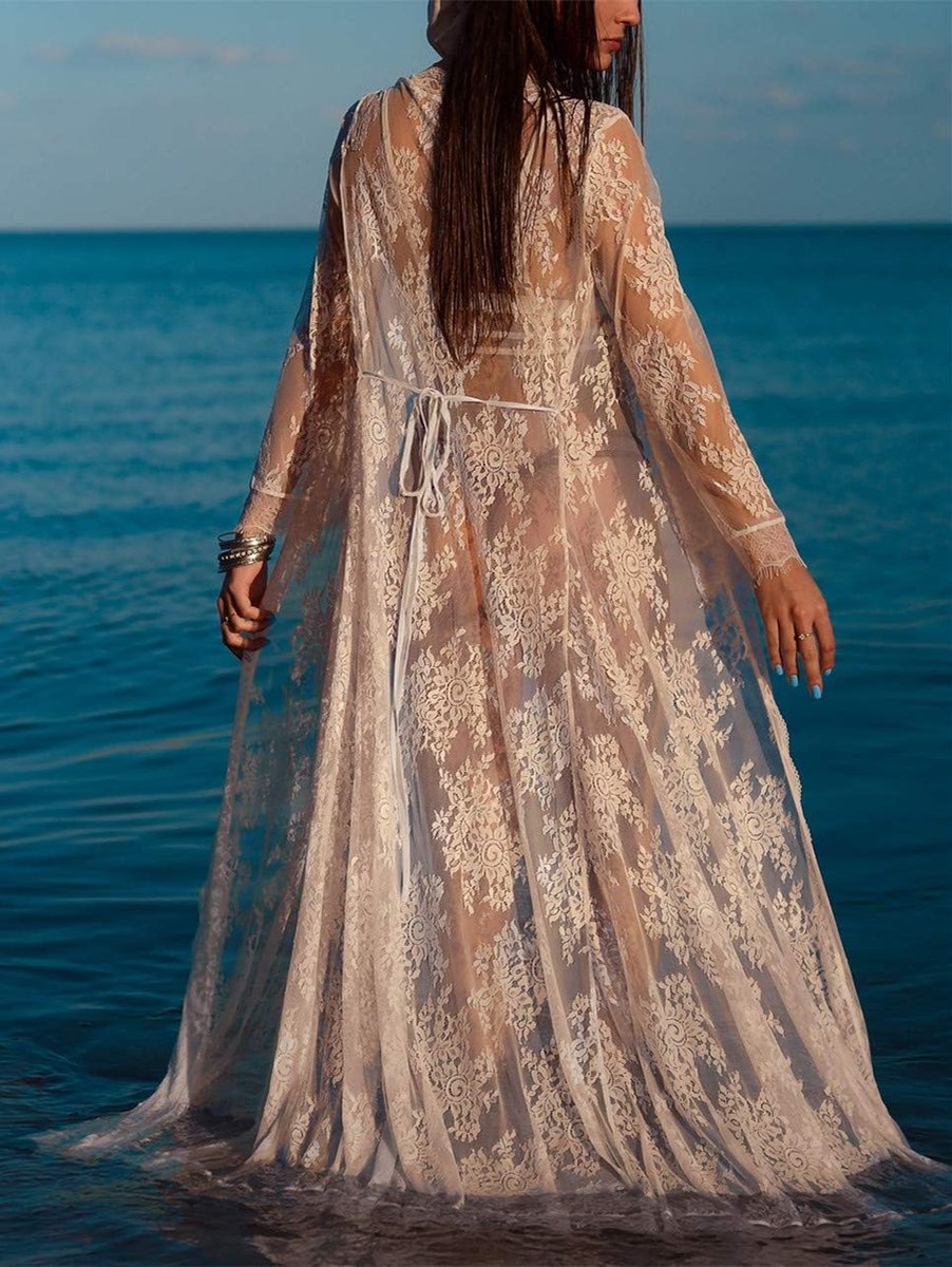 Cover-up voor dames, lang, met kant, strandjurk, kaftan, passend bij badkleding, B Wit, One size