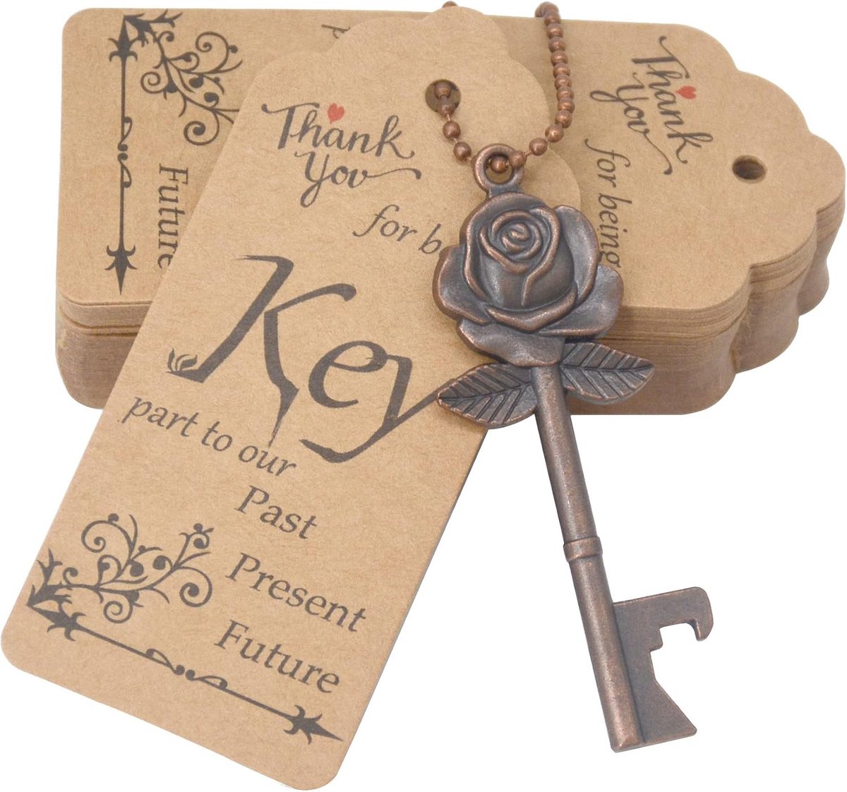 52 stuks Rose Bloemvorm Vintage Sleutel Flesopener Huwelijkscadeaus voor Gast Souvenir Gift Set met Escorte Thank You Tags en Sleutelhanger (Antiek Koper) (#18 sleutelhanger)