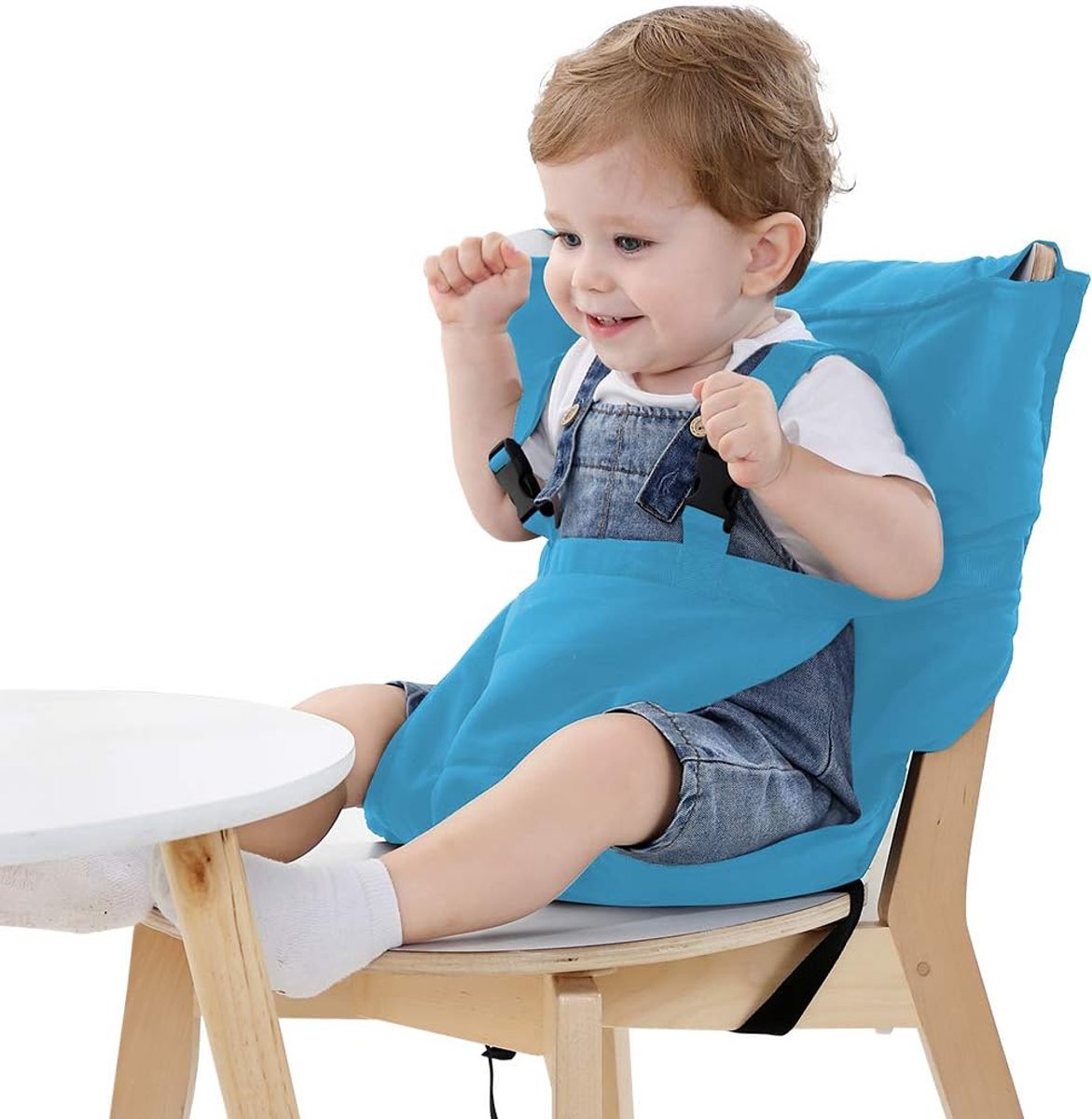 Easy Seat, draagbare hoge reisstoel, verstelbaar, veilig, wasbaar, voor peuters, stoelbekleding, van praktische stof, past in je handtas, blauw