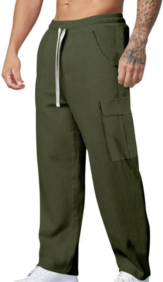 Corduroy cargojoggingbroek voor heren, rechte pijpen, elastische taille, trekkoord, casual, losse pasvorm, meerdere zakken, joggen, gevechtsbroek, werk, hardlopen, training, gymbroek