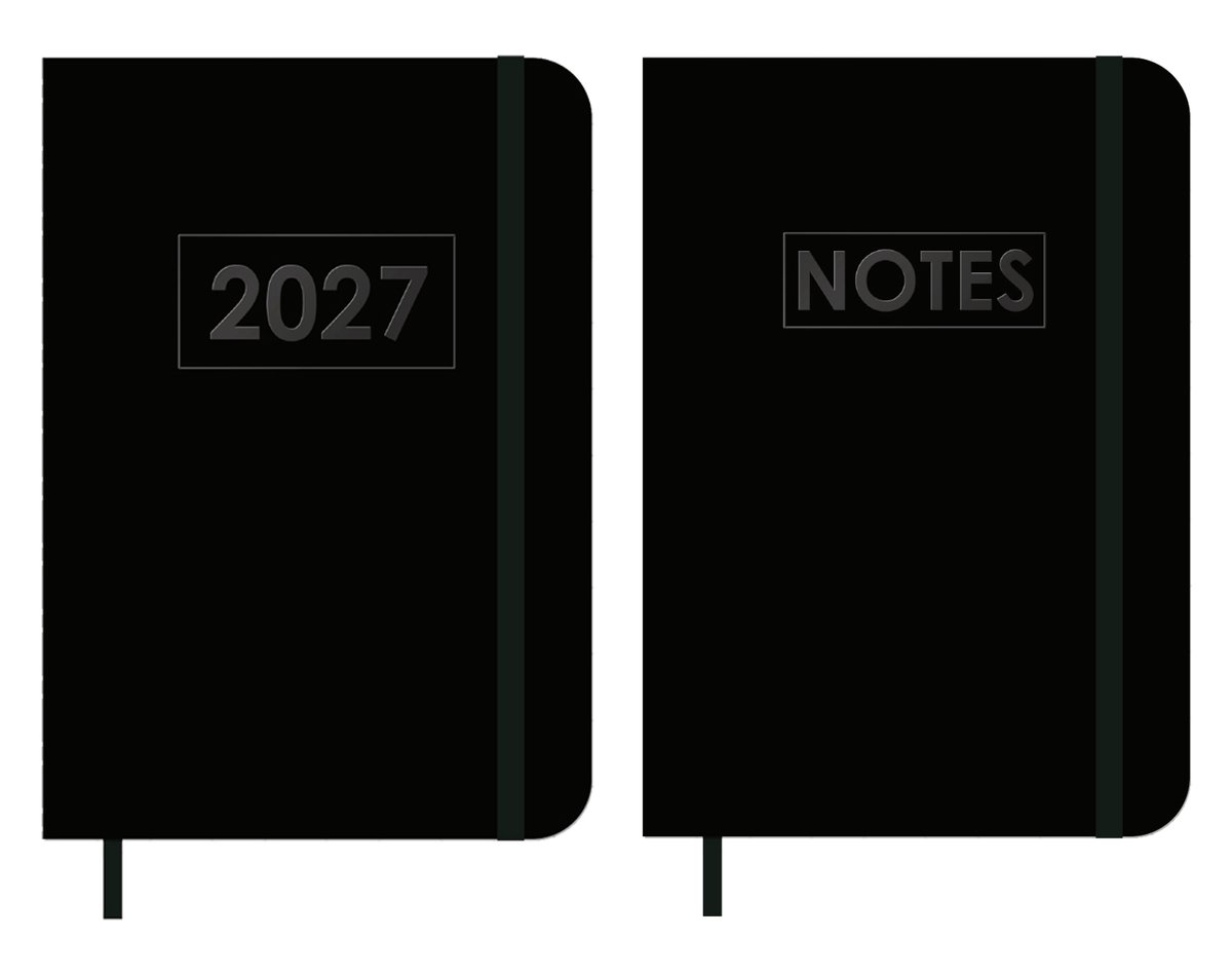 MGPcards - A6 Agenda 2027 - Weekoverzicht 1w/2p - Zwart + Zwart elastiek - 10,5 x 14,8 cm + Notitieboekje/opschrijfboekje - gelinieerd - 80 pagina's - A6 - Zwart