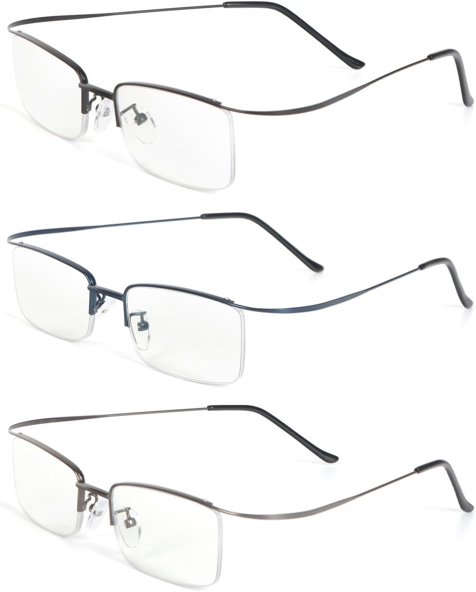 3 verpakkingen ultralicht metalen frame, half montuur, rechthoekige blauwlichtfilter, leesbril voor dames en heren