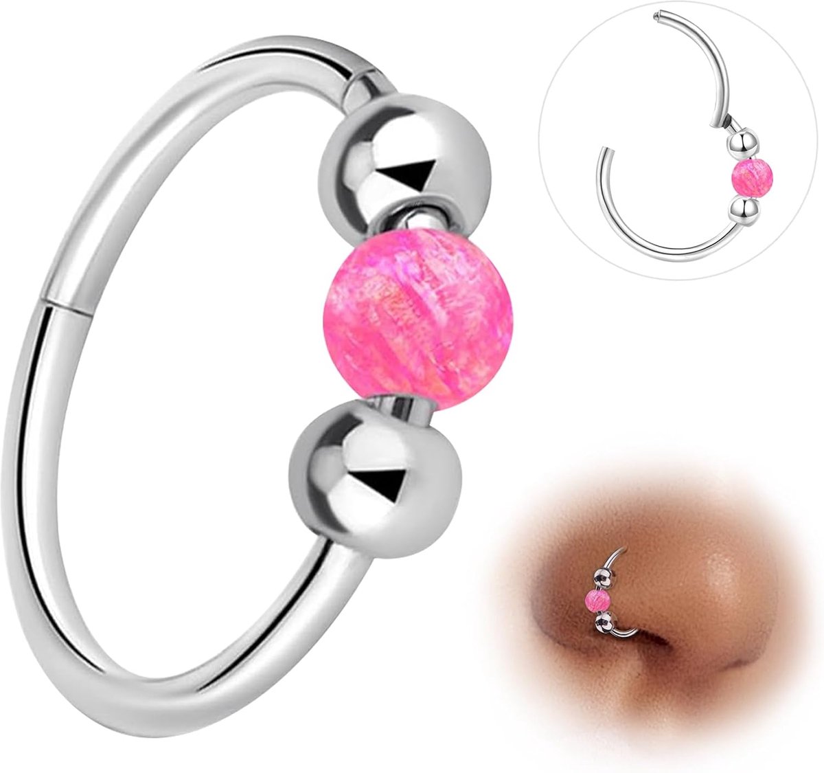 Titanium-neusring, septum, piercingsieraden, helix, kraakbeen, conch, scharnierende segmentringen, tragus, lip, 18g 16g dikte, hypoallergeen 8 mm/10 mm, wit, blauw, roze, opaal, voor