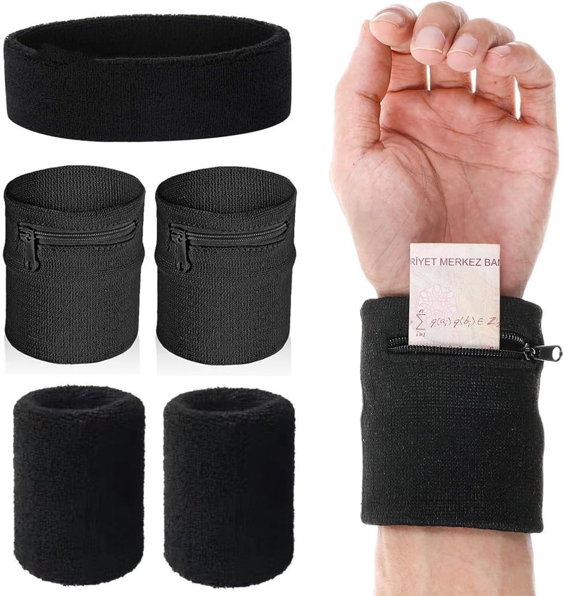 5 stuks sportmanchetten met ritssluiting van katoen, badstof, polsband voor sport, vochttransport, bandeau, poignet armband met ritssluiting