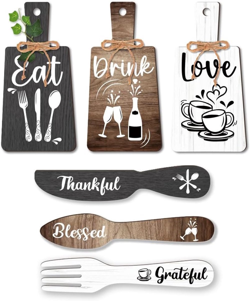 PandaHall 6 stuks decoratieve borden voor de keuken, accessoires om op te hangen, van hout, rustieke mini-borden, woonstijl
