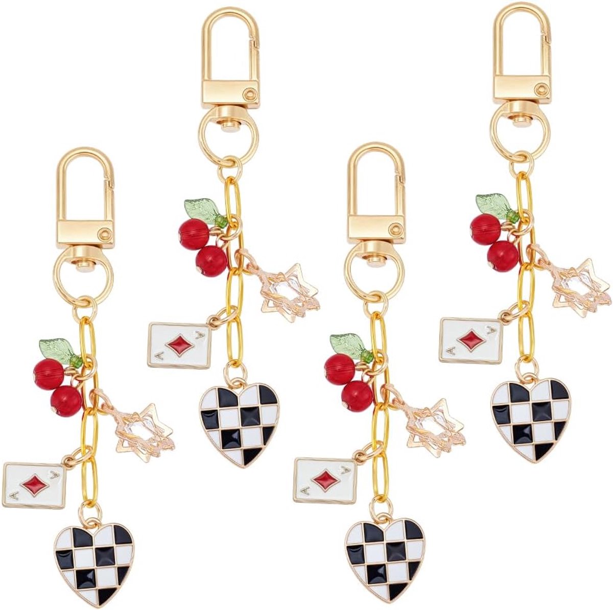 4 stuks geruit hart sleutelhanger, speelkaart sleutelhanger met legering kreeft klauw draaibare sluitingen voor oortelefoon geval auto sleutelhanger handtas ketting ornament