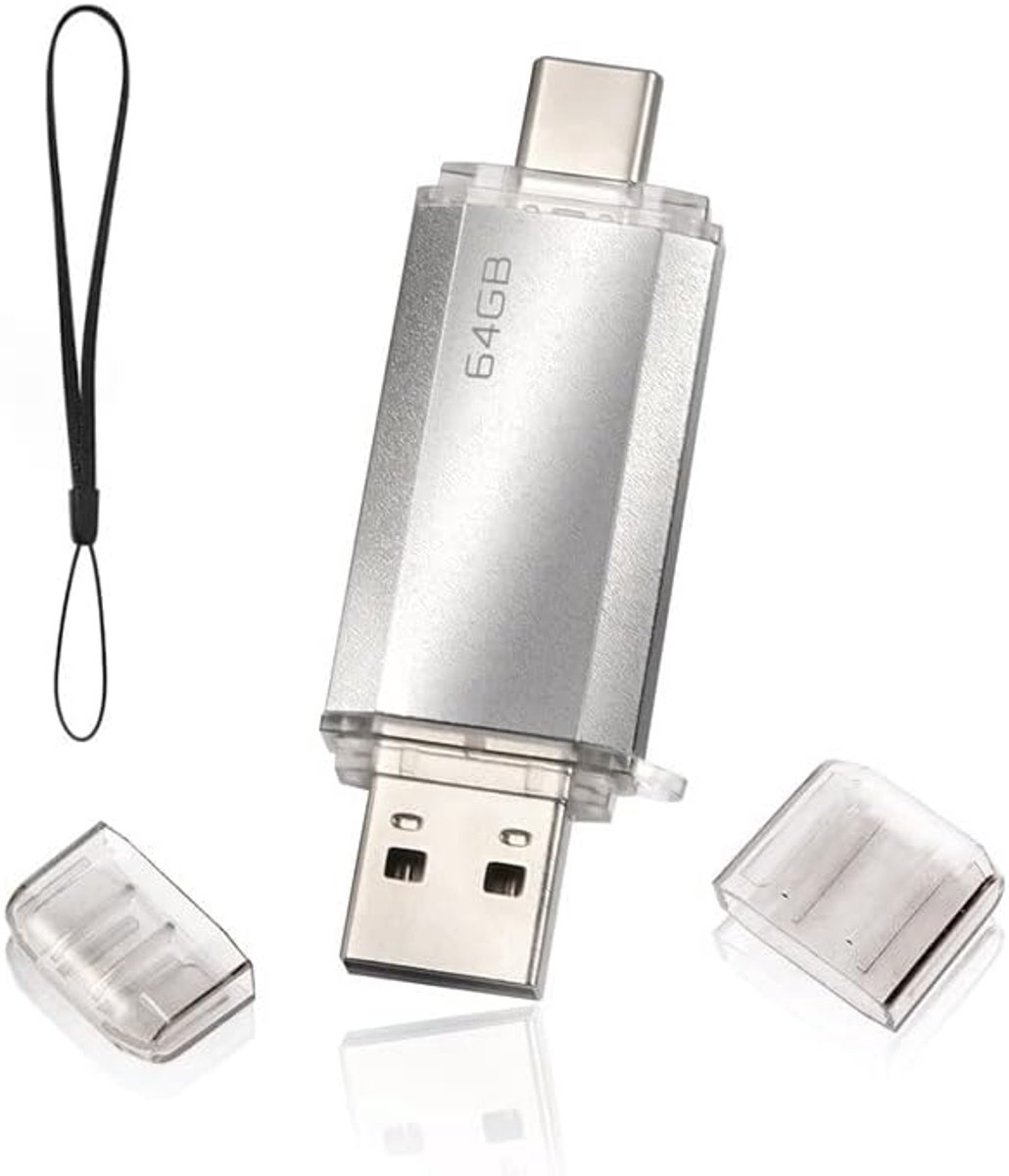 USB-stick 64 GB 2 in 1, USB-flashdrives USB 2.0 USB C type C geheugenstick OTG Dual Flash Drive 2-in-1 geheugenstick voor tablet, pc Android mobiele telefoon (Samsung, Huawei, Honor, Xiaomi) zilver