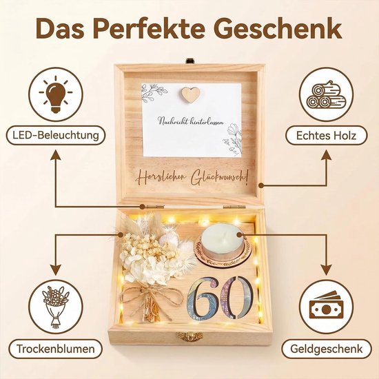 Inyeskon Geldgeschenken Verjaardag 60, Creatief Geldgeschenk in Houten Verpakking Geschenkdoos met Droogbloemen, Holzliebe Magneet en Wenskaart voor Verjaardag Vrouw Man — afbeelding 4