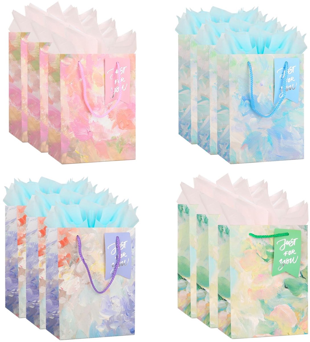 Omgoods - Set van 12 Kleurige Papieren Cadeauzakken met Tissuepapier