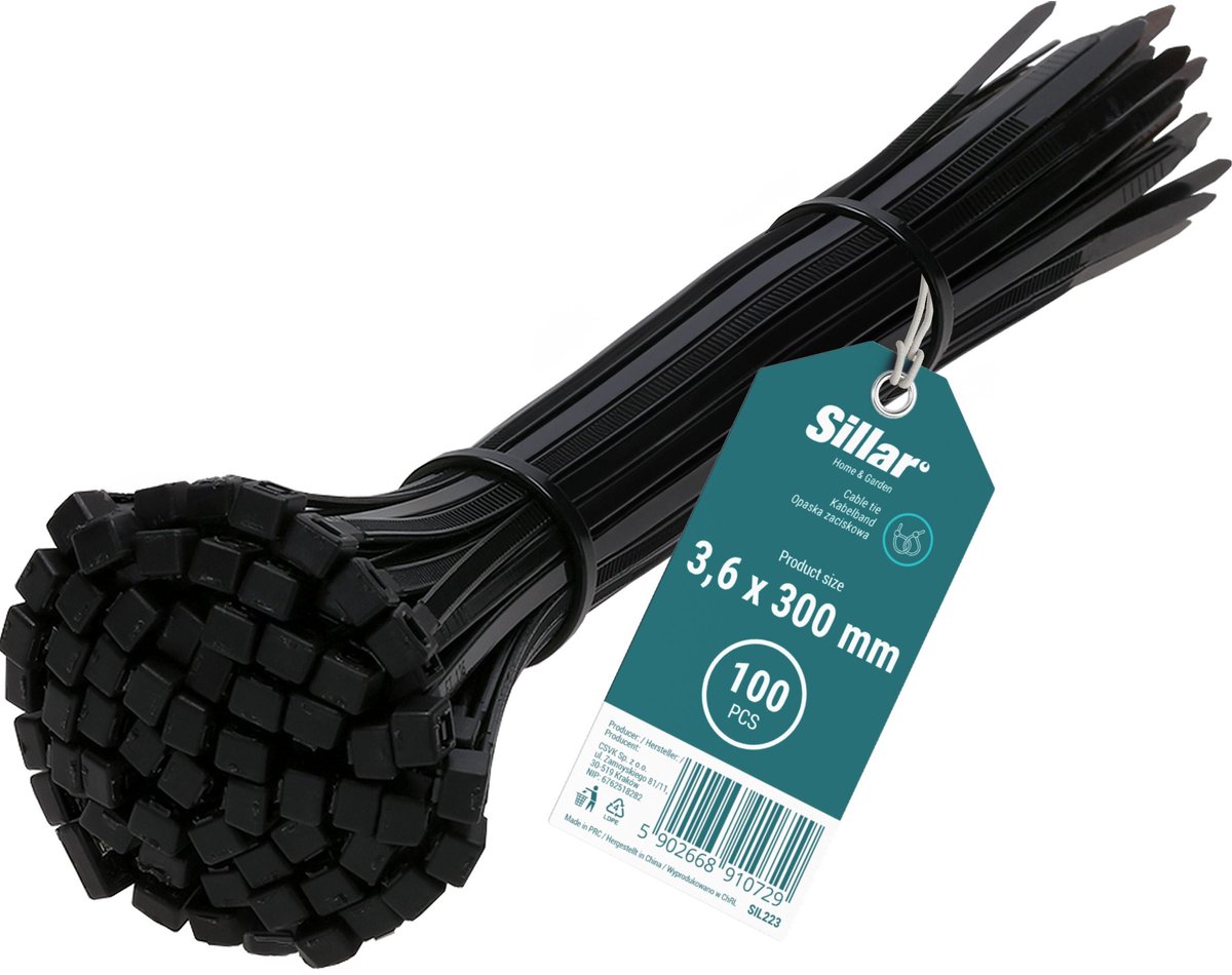Sillar Set 100 sterke kabelbinders 3.6mm x 300mm - hittebestendig, UV-Bestendig - voor kabels draden slangen organisatie - 18 kg trekkracht