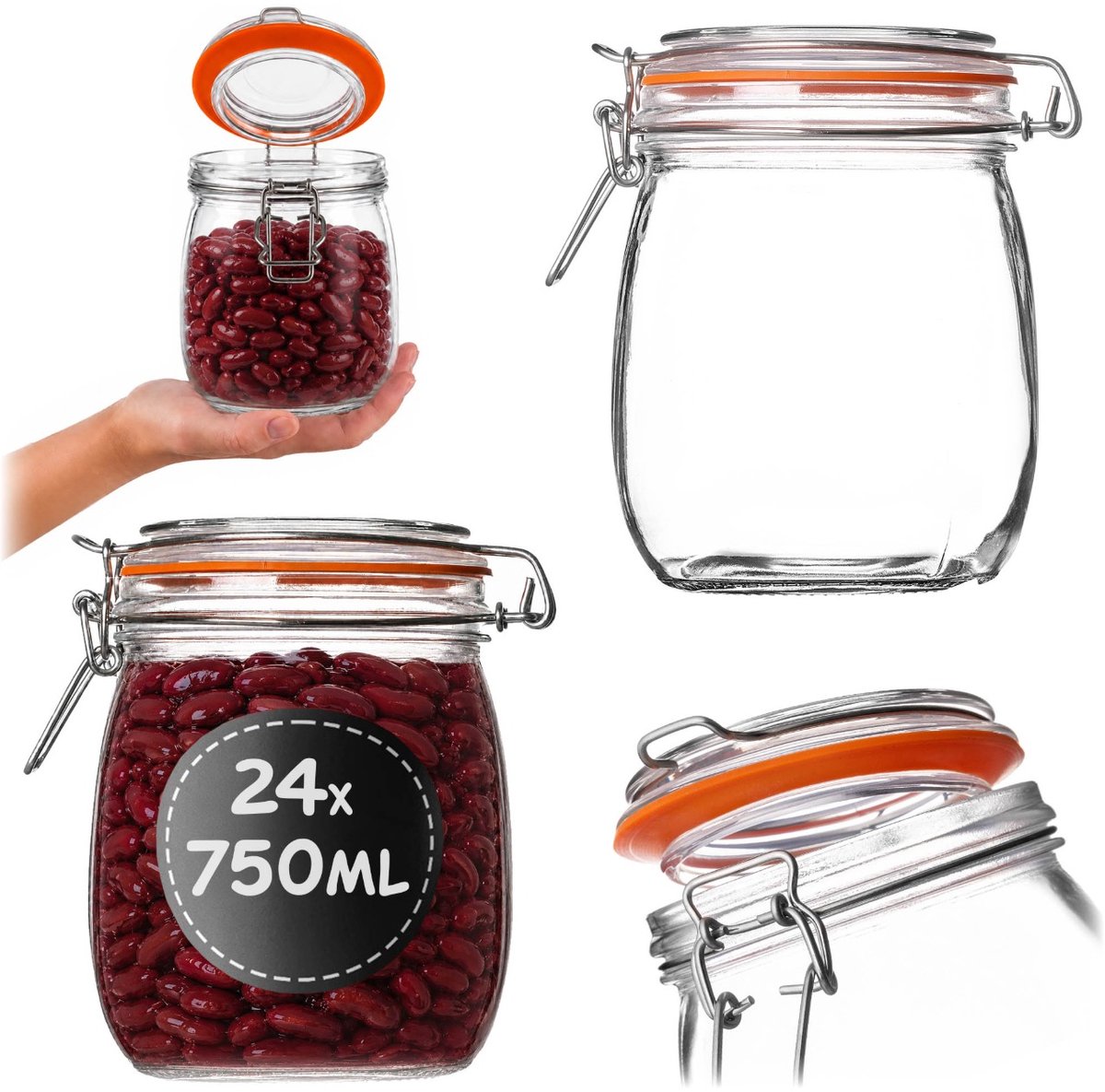 KADAX inmaakpot 24 stuks 750 ml met beugelsluiting, luchtdichte pot met rubberen afdichting en glazen deksel, glazen voorraadpot, fermentatiepot voor groenten