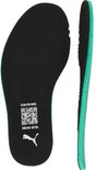 Zwarte binnenzool met groene rand, met QR-code en Puma-logo.