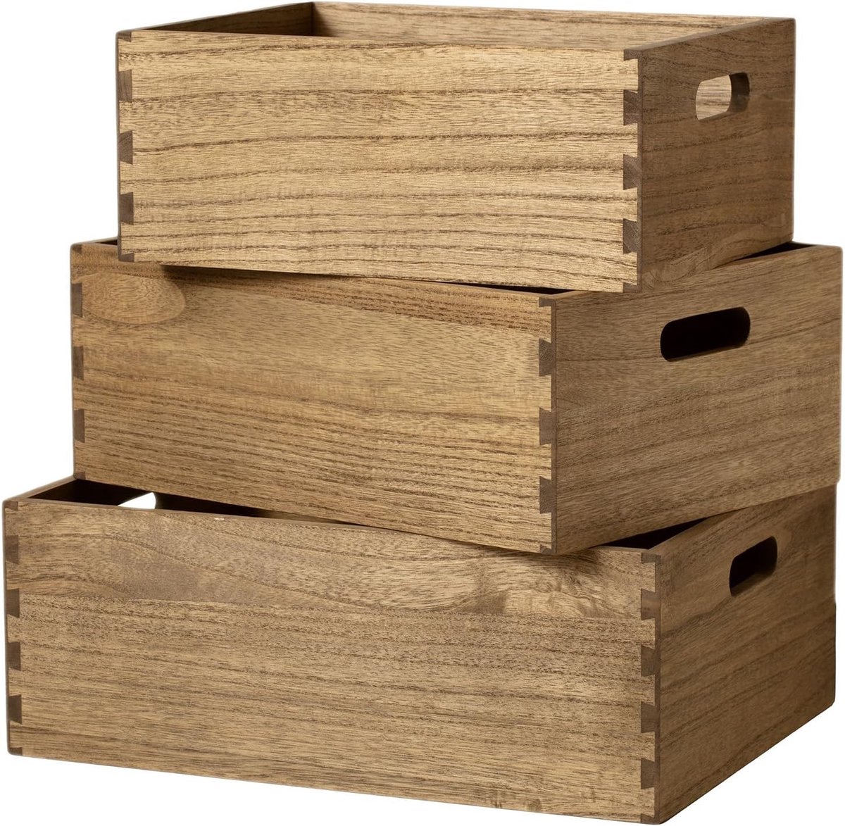 Verschillende Houten Opbergdozen met Draaghandvatten voor Huishoudelijke Organisatie - Set van 3 Gele en Bruine Dozen voor Efficiënte Opslag