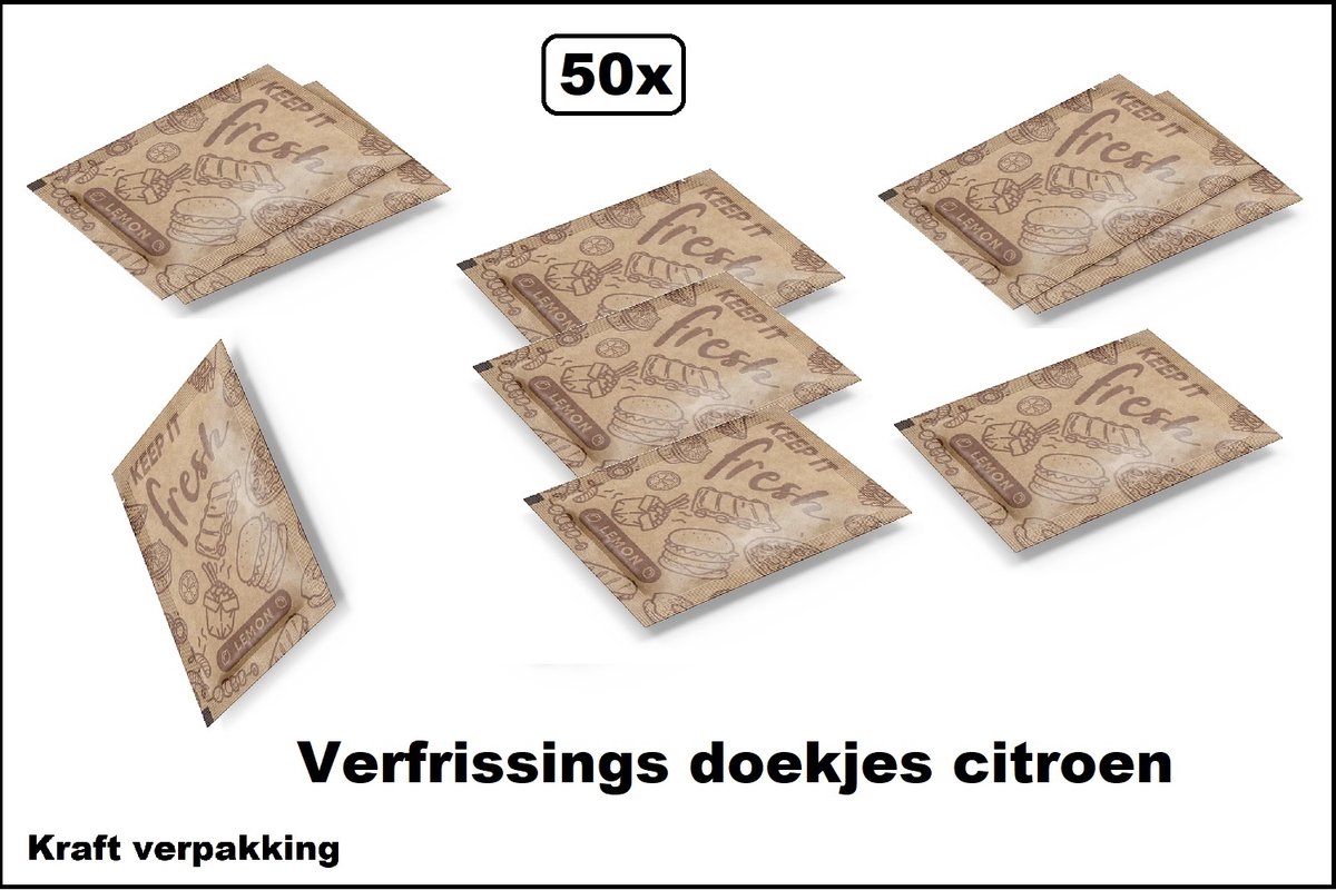 50x Verfrissingsdoekjes citroen - kraft verpakking - doekje restaurant tafel thema feest food festival verfrissing