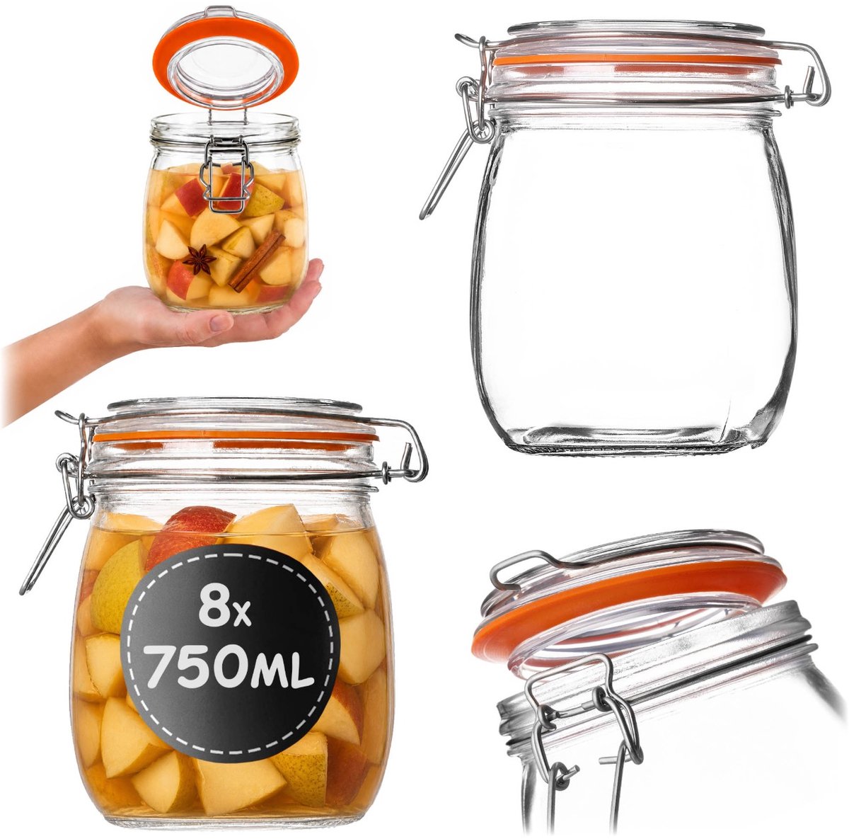 KADAX inmaakpot 8 stuks 750 ml met beugelsluiting, luchtdichte pot met rubberen afdichting en glazen deksel, glazen voorraadpot, fermentatiepot voor groenten