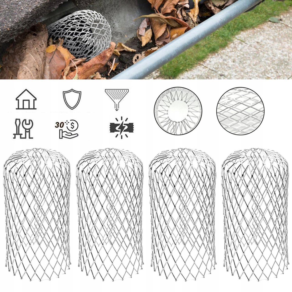 Bladfilter Voor Regenpijp - Aluminiumlegering Uitschuifbaar Ontwerp Geschikt Voor Leidingen Van 5-10 cm - Voorkomt Verstoppingen Door Bladeren, Aarde En Ander Vuil - Zilver