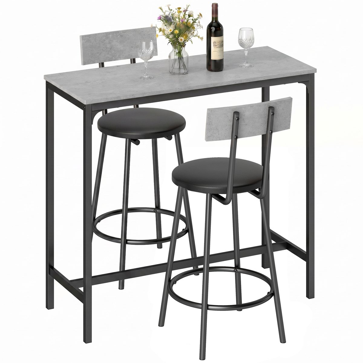 Sogiol® Bartafel met 2 Barkrukken - oonbanktafel krukken met voetensteun voor eetkamer - kleine ruimte - grijs