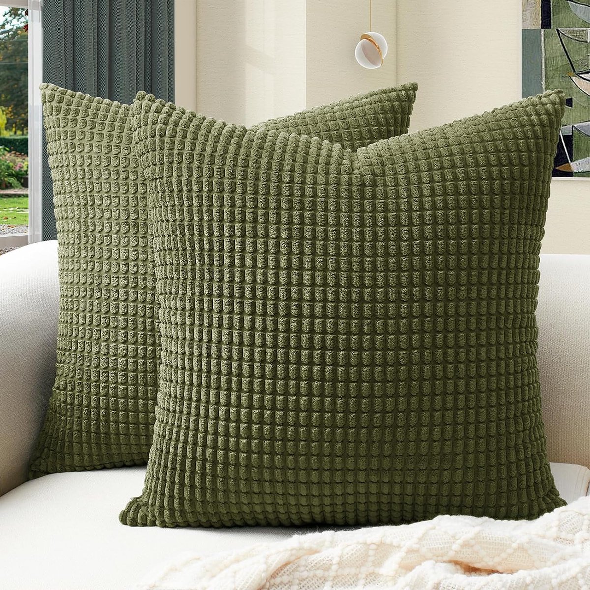 2 Stuks Ribfluwelen Kussenslopen met Strepenpatroon - 45x45 cm - Olijfgroen - Zacht en Pluizig - Voor Bank - Bed en Woonkamer