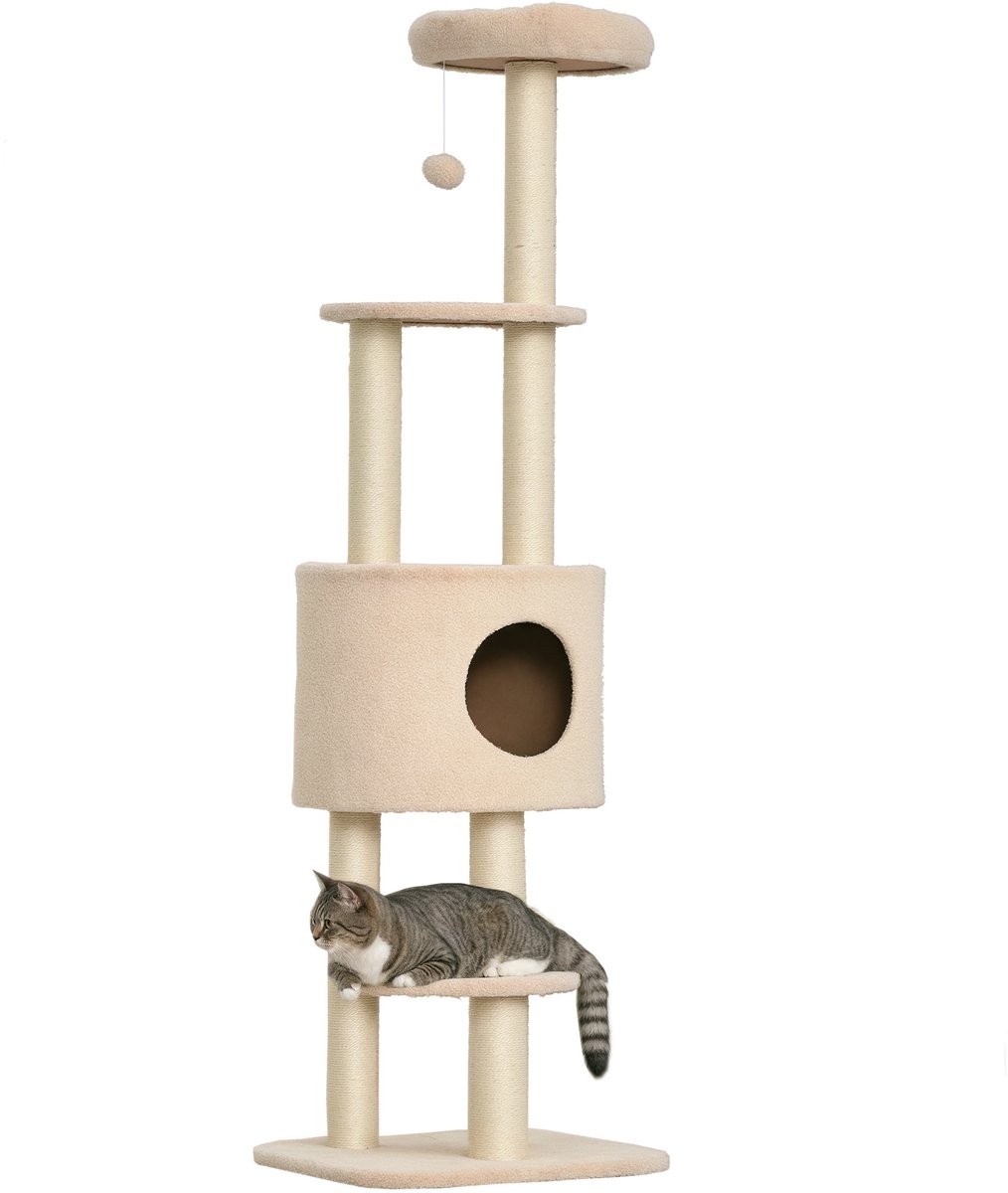 Krabpaal - 148 cm hoog - kattenboom - kattenhuis met meerdere verdiepingen en 2 krabpalen - grot - beige