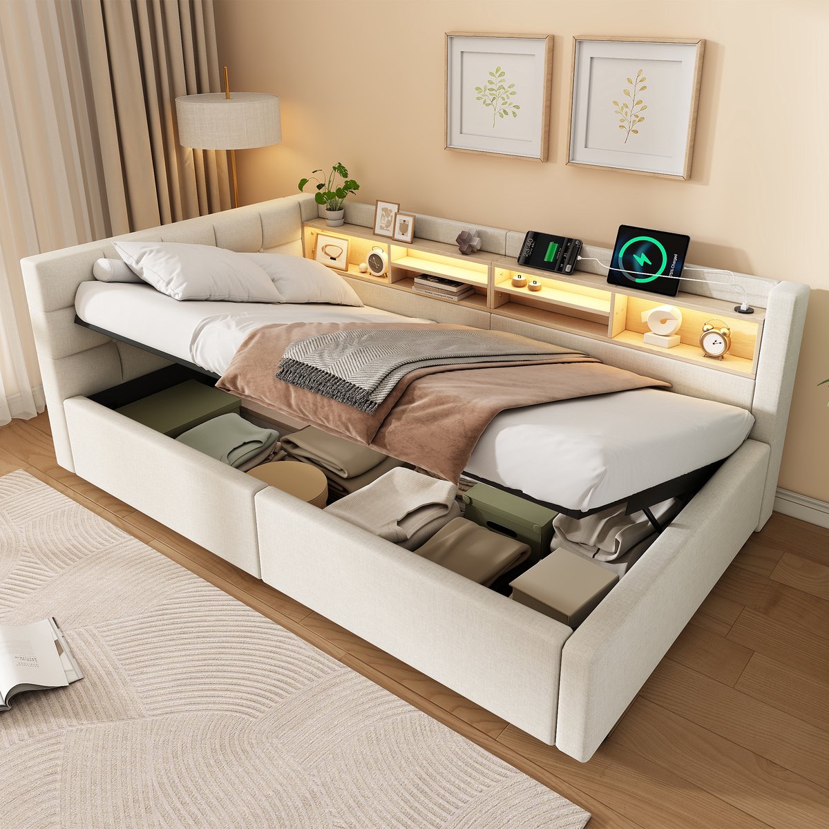 Slaapbank 90x200 cm - met opbergruimte - met dimbare LED-verlichting - met boekenplank - met USB-aansluiting - beige - zonder matras