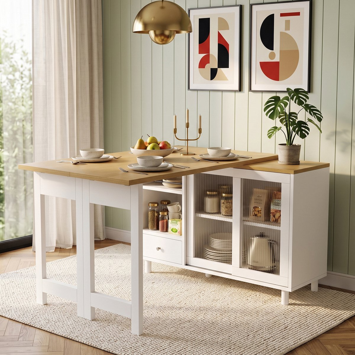 VVBV Klaptafel 120x40x75.5 cm - Uitschuifbaar, Inklapbaar, 360° Draaibaar, Opbergruimte - Wit, MDF