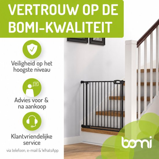 Zwarte Bomi traphek op een witte trap met de tekst 'Vertrouw op de Bomi-kwaliteit'.