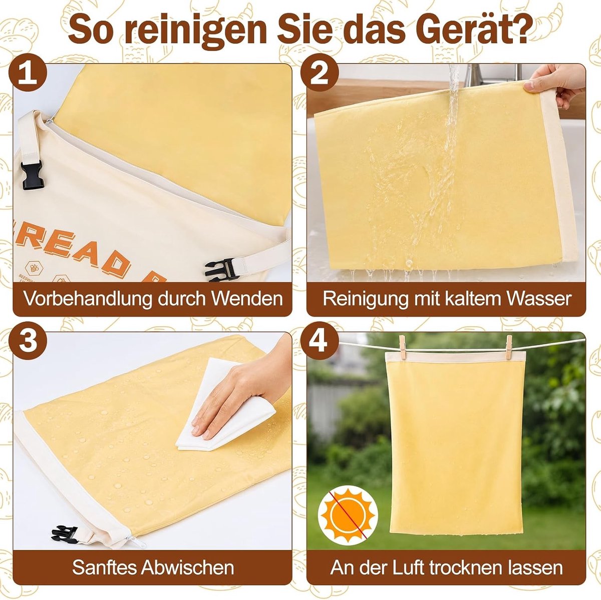 Bijenwas Broodzakken - Beige - 43 x 33 cm - Herbruikbare Katoenen Zak met Rits en Riemen - Voor Zelfgemaakte Broden