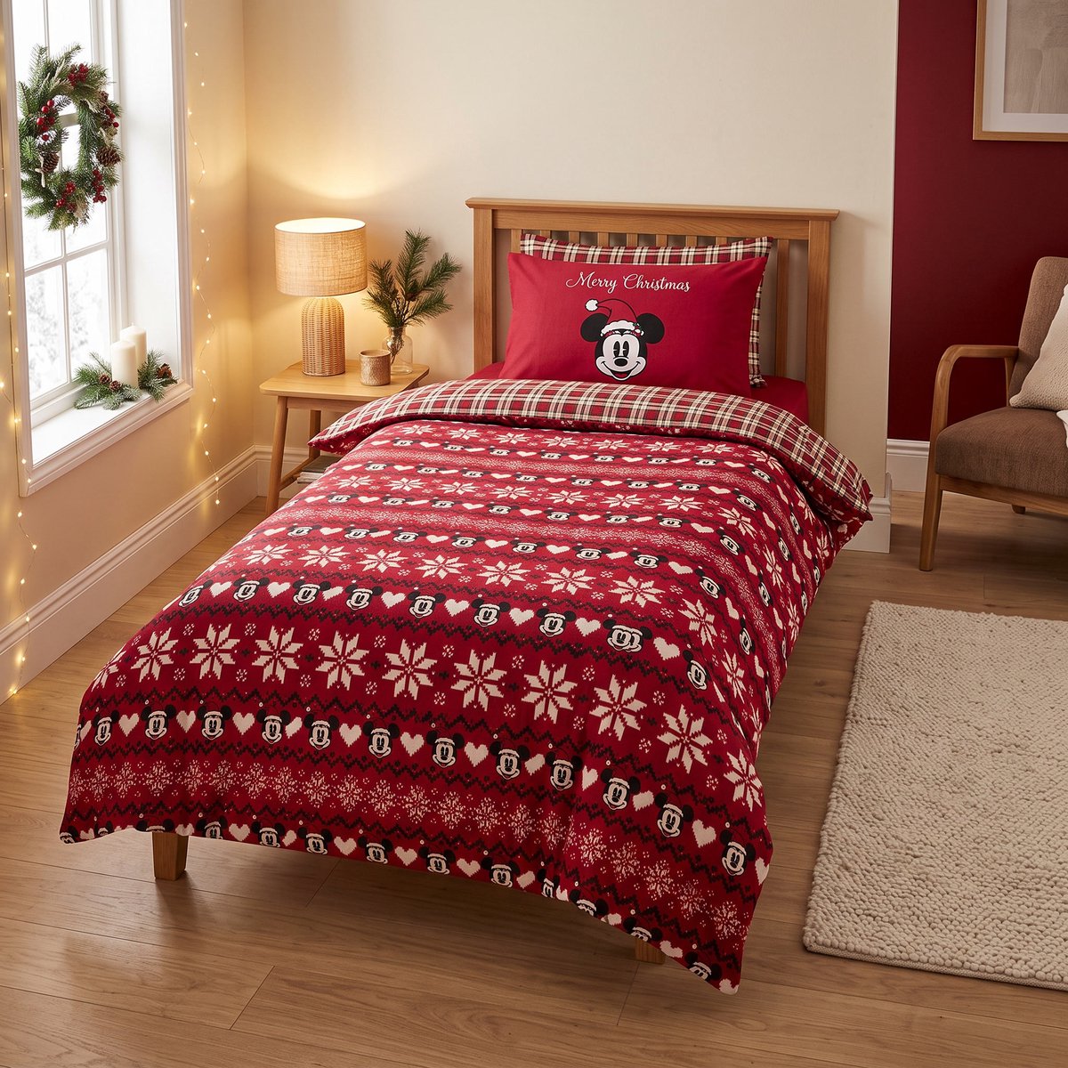 Flanel Dekbedovertrek Mickey Kerst Officiele Disney Licentie 140x200cm + Kussensloop 65x65cm