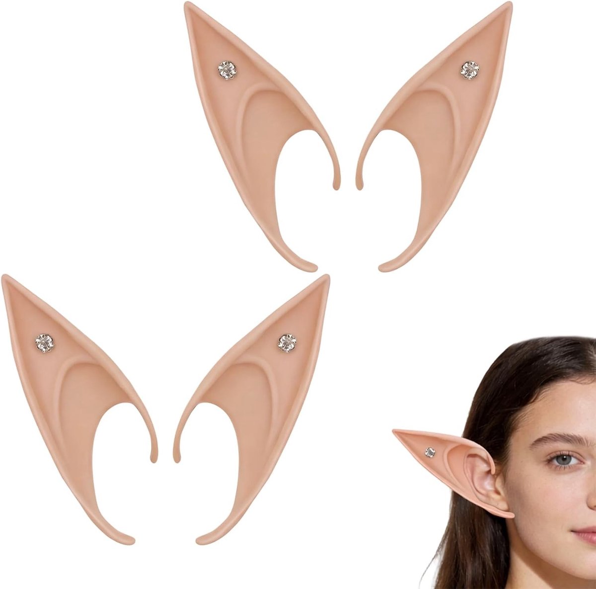 Puntige Latex Elf Oren met Rhinestone, 2 Paar Herbruikbare Fantasy Accessoires voor Halloween, Cosplay en Feestjes