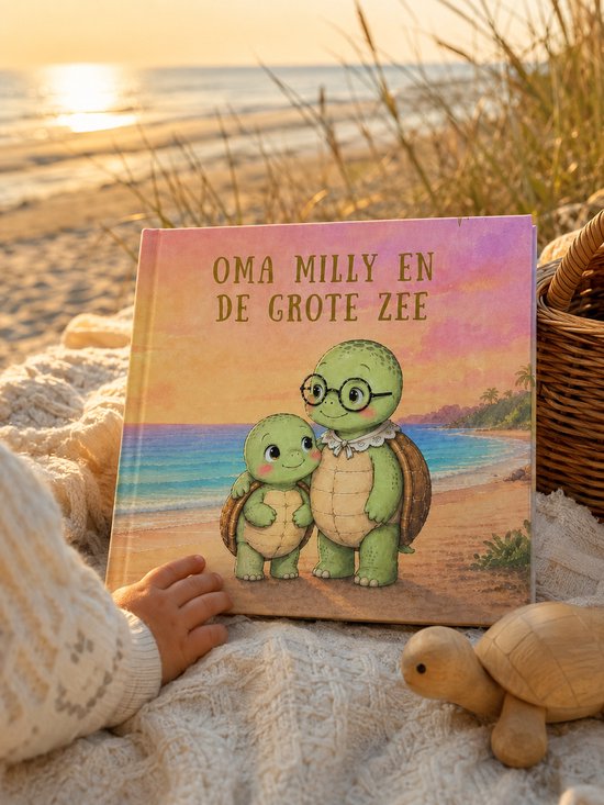 Boek 'Oma Milly en de Grote Zee' met een illustratie van twee schildpadden, een grote met bril en een kleine, op een strand.