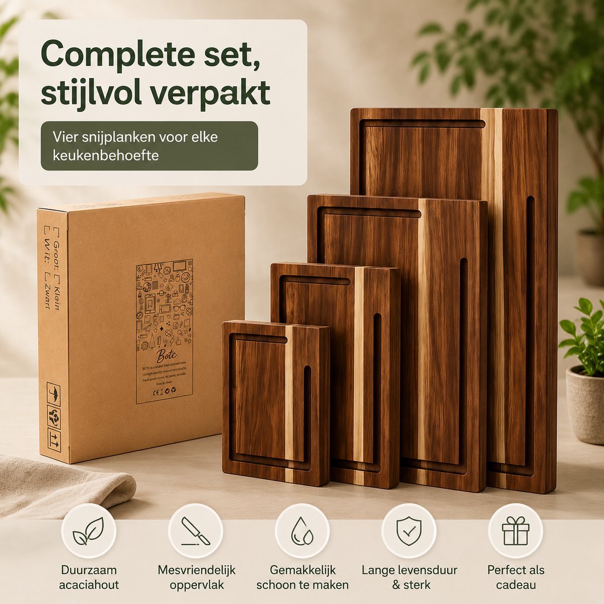 BOTC Houten Snijplanken Set 4-Delig - Snijplank met Sapgeul - Keuken Snijplanken voor Vlees, Groente & Brood - Ook als Serveerplank en Borrelplank — cadeau in Kookcadeaus - foto 6