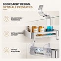Zilverkleurig doucherek met rubberen laag en waterafvoerend ontwerp, met zuignappen voor stevige bevestiging.
