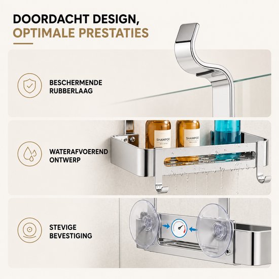 Zilverkleurig doucherek met rubberen laag en waterafvoerend ontwerp, met zuignappen voor stevige bevestiging.