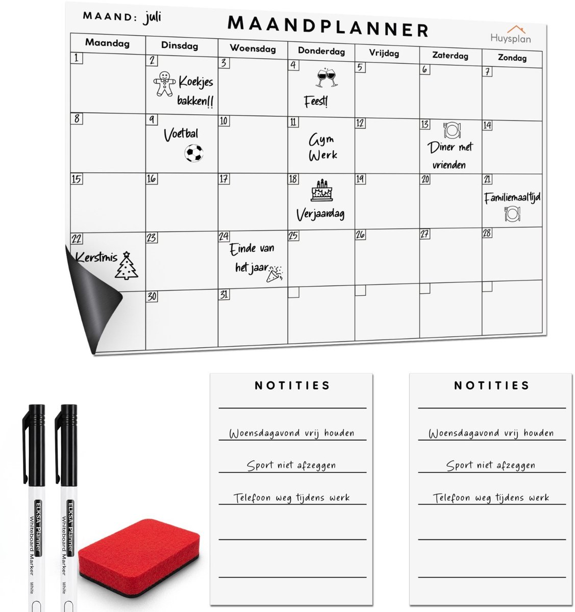 Huysplan® - A4 Maandplanner - Zelf plakkend - Sticky planner - Inclusief pennen en wisser