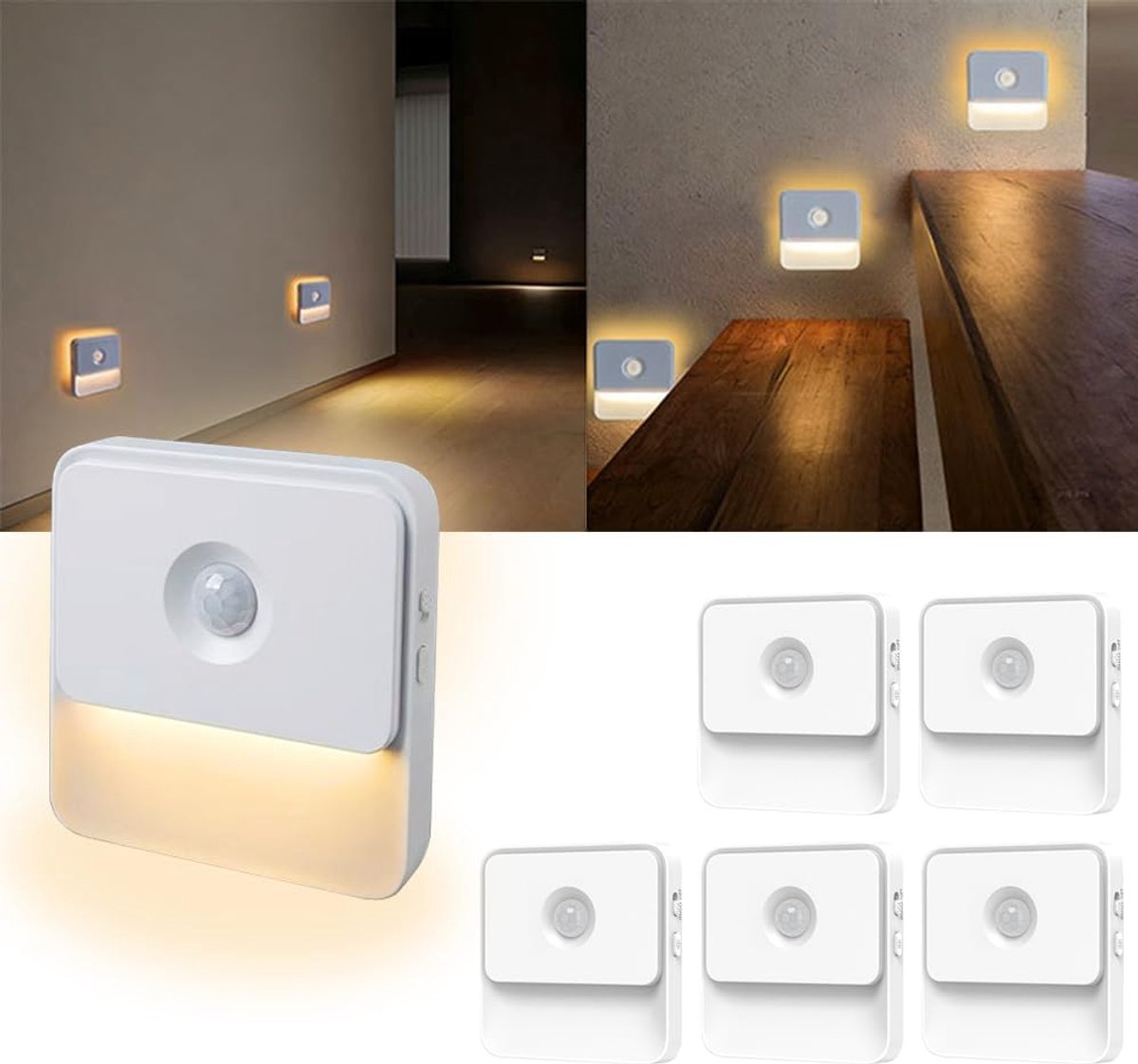 KZQ Bewegingssensor Nachtlampje USB-C Oplaadbaar 3 Standen Dimbaar Ultraslim Met Magneet 6 Stuks Voor Hal Slaapkamer Kast Trap